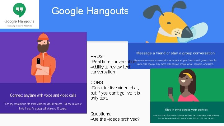 Google Hangouts PROS -Real time conversation -Ability to review text conversation CONS -Great for