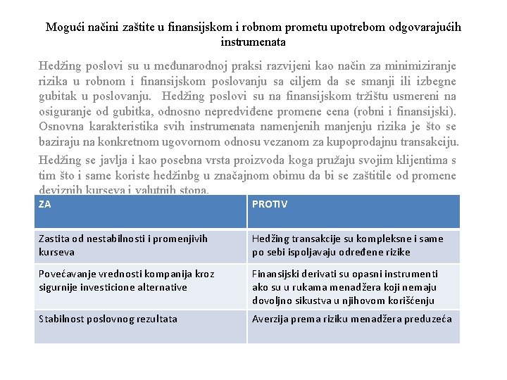 Mogući načini zaštite u finansijskom i robnom prometu upotrebom odgovarajućih instrumenata Hedžing poslovi su