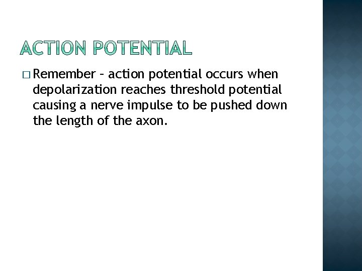 � Remember – action potential occurs when depolarization reaches threshold potential causing a nerve � Remember – action potential occurs when depolarization reaches threshold potential causing a nerve