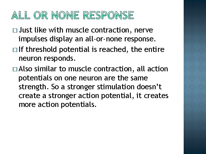 � Just like with muscle contraction, nerve impulses display an all-or-none response. � If � Just like with muscle contraction, nerve impulses display an all-or-none response. � If