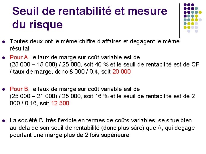 Seuil de rentabilité et mesure du risque l l Toutes deux ont le même