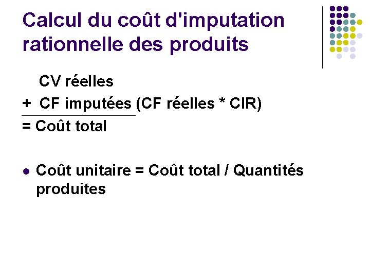 Calcul du coût d'imputation rationnelle des produits CV réelles + CF imputées (CF réelles