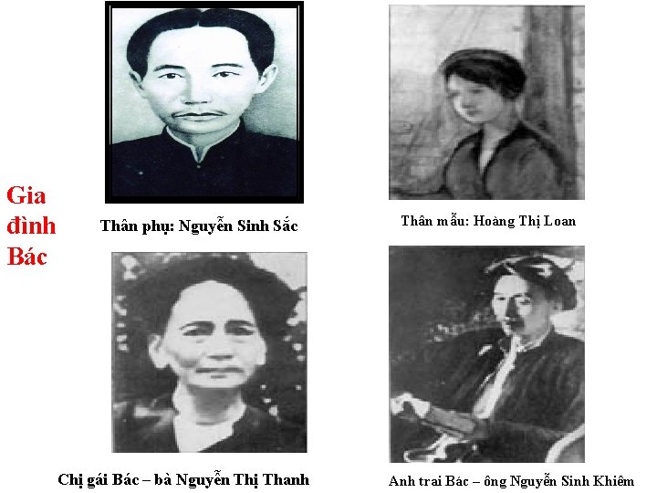 Gia đình Bác Thân phụ: Nguyễn Sinh Sắc Chị gái Bác – bà Nguyễn