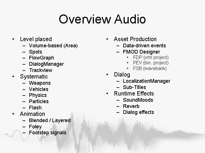 Overview Audio • Level placed – – – Volume-based (Area) Spots Flow. Graph Dialog. Overview Audio • Level placed – – – Volume-based (Area) Spots Flow. Graph Dialog.