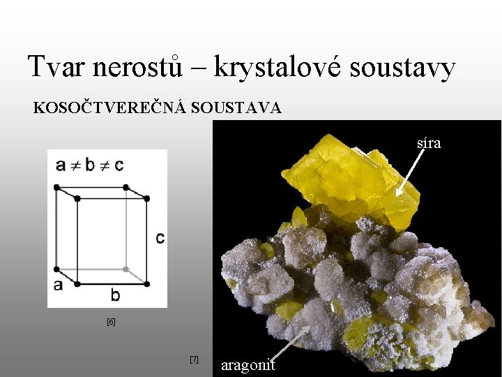 Tvar nerostů – krystalové soustavy KOSOČTVEREČNÁ SOUSTAVA síra [6] [7] aragonit 