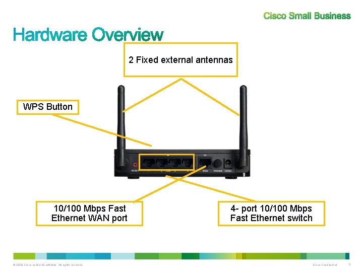 2 Fixed external antennas WPS Button 10/100 Mbps Fast Ethernet WAN port © 2010 2 Fixed external antennas WPS Button 10/100 Mbps Fast Ethernet WAN port © 2010