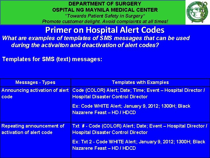 DEPARTMENT OF SURGERY OSPITAL NG MAYNILA MEDICAL CENTER “Towards Patient Safety in Surgery” Promote