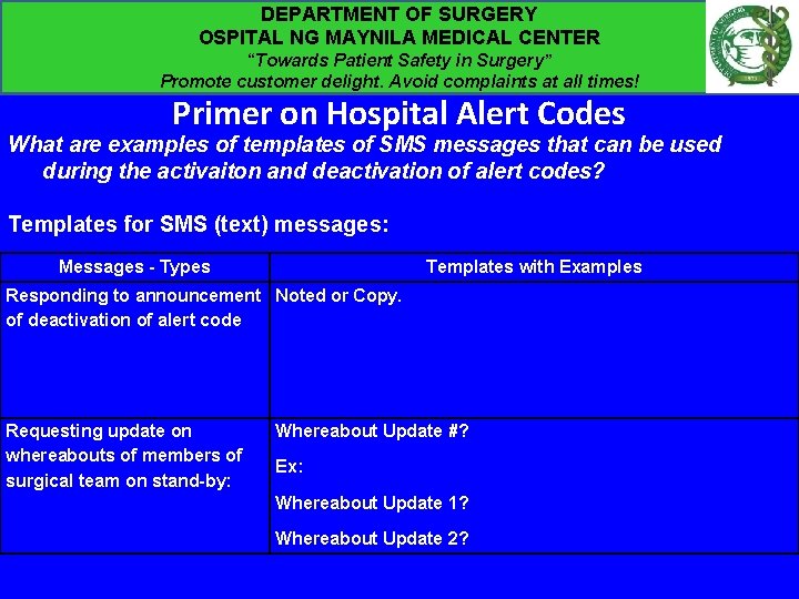 DEPARTMENT OF SURGERY OSPITAL NG MAYNILA MEDICAL CENTER “Towards Patient Safety in Surgery” Promote