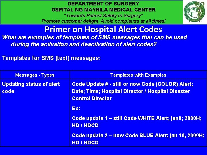 DEPARTMENT OF SURGERY OSPITAL NG MAYNILA MEDICAL CENTER “Towards Patient Safety in Surgery” Promote