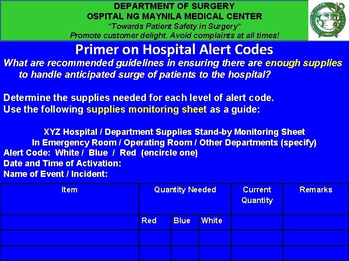 DEPARTMENT OF SURGERY OSPITAL NG MAYNILA MEDICAL CENTER “Towards Patient Safety in Surgery” Promote