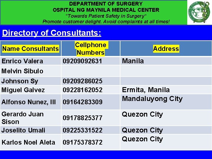 DEPARTMENT OF SURGERY OSPITAL NG MAYNILA MEDICAL CENTER “Towards Patient Safety in Surgery” Promote