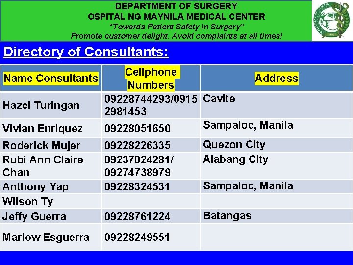 DEPARTMENT OF SURGERY OSPITAL NG MAYNILA MEDICAL CENTER “Towards Patient Safety in Surgery” Promote