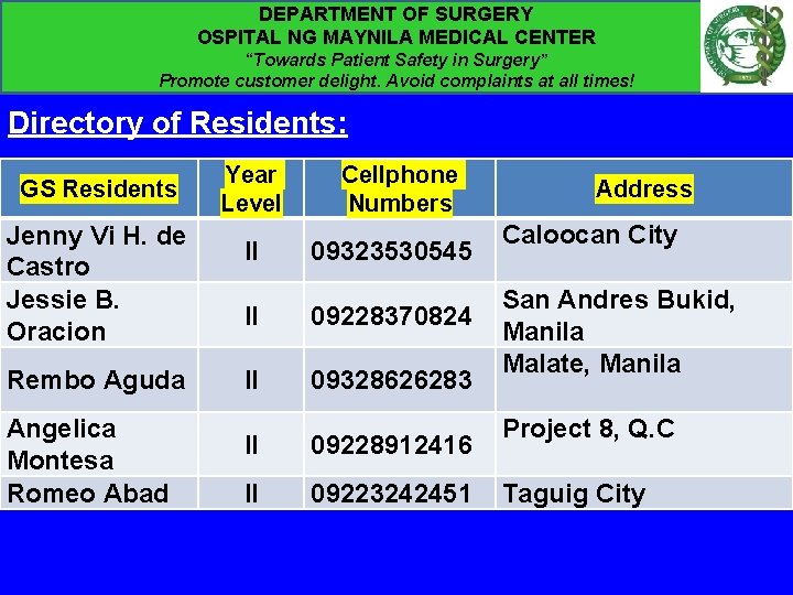 DEPARTMENT OF SURGERY OSPITAL NG MAYNILA MEDICAL CENTER “Towards Patient Safety in Surgery” Promote