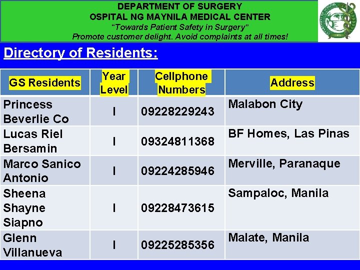 DEPARTMENT OF SURGERY OSPITAL NG MAYNILA MEDICAL CENTER “Towards Patient Safety in Surgery” Promote