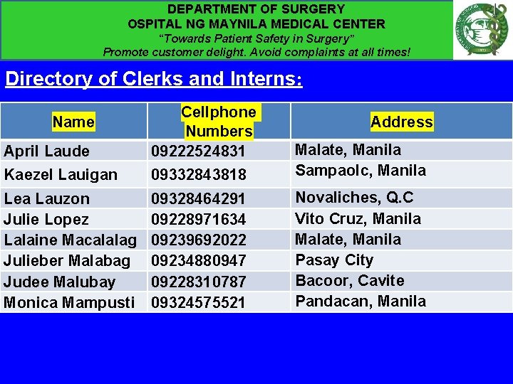 DEPARTMENT OF SURGERY OSPITAL NG MAYNILA MEDICAL CENTER “Towards Patient Safety in Surgery” Promote