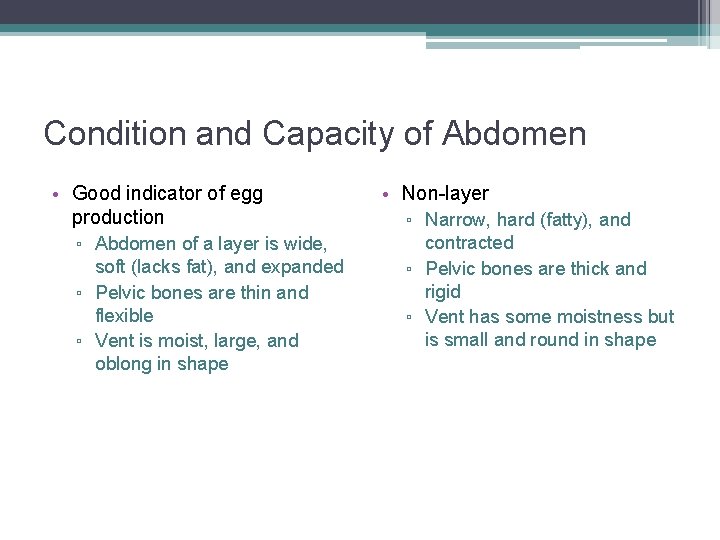 Condition and Capacity of Abdomen • Good indicator of egg production ▫ Abdomen of