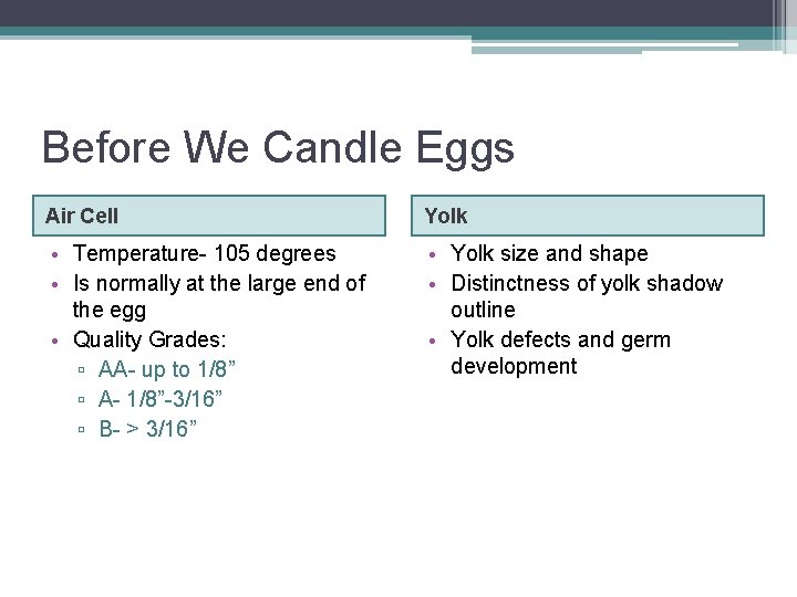 Before We Candle Eggs Air Cell Yolk • Temperature- 105 degrees • Is normally