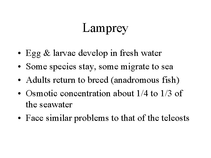 Lamprey • • Egg & larvae develop in fresh water Some species stay, some