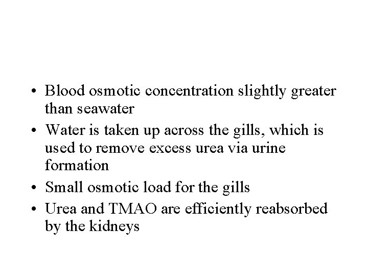  • Blood osmotic concentration slightly greater than seawater • Water is taken up