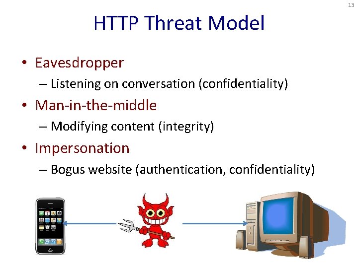 13 HTTP Threat Model • Eavesdropper – Listening on conversation (confidentiality) • Man-in-the-middle –