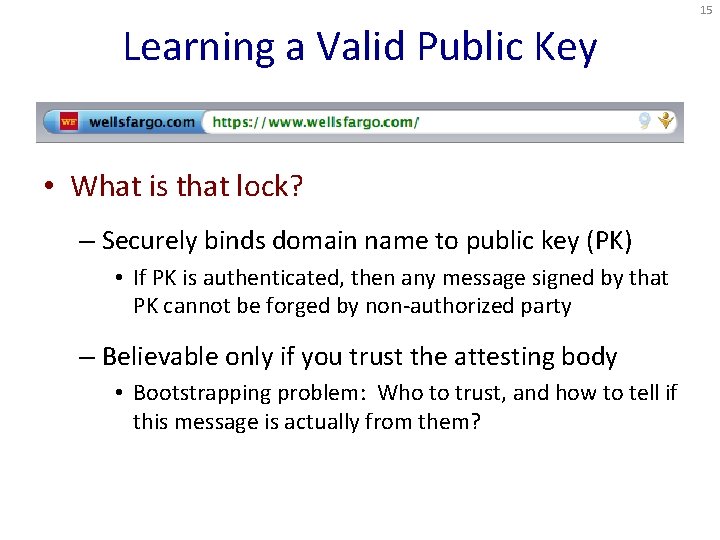 15 Learning a Valid Public Key • What is that lock? – Securely binds