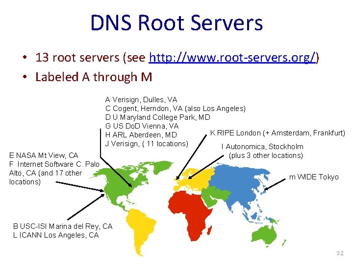 DNS Root Servers • 13 root servers (see http: //www. root-servers. org/) • Labeled