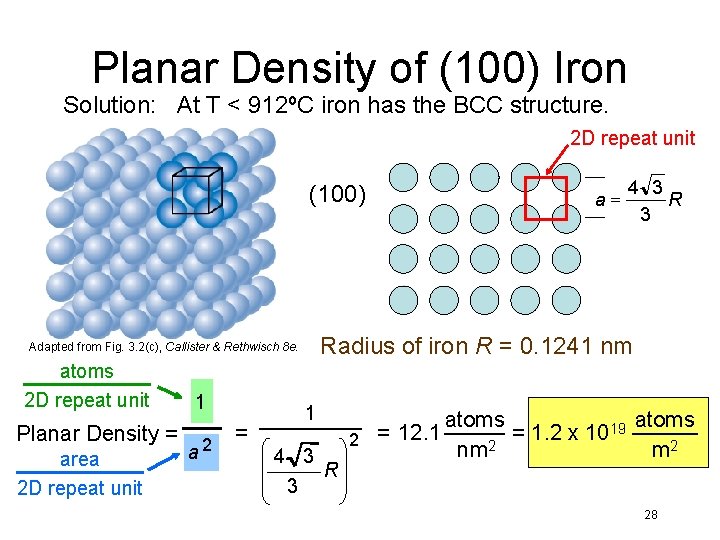 Planar Density of (100) Iron Solution: At T < 912ºC iron has the BCC