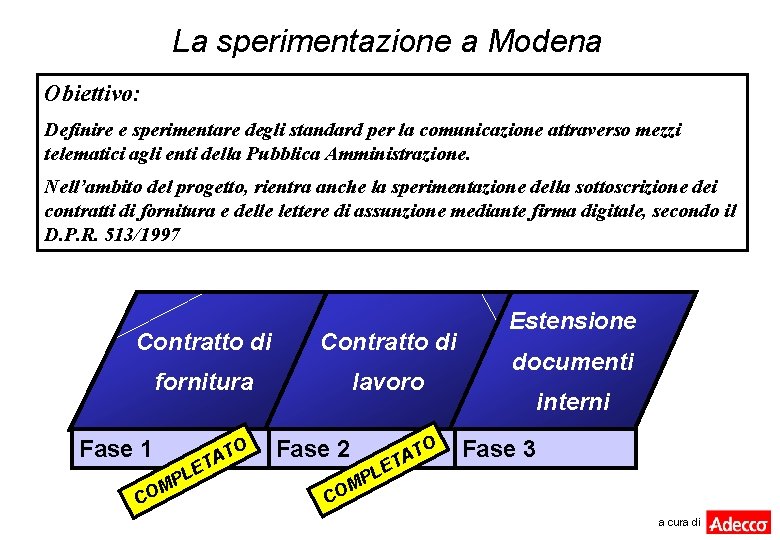 La sperimentazione a Modena Obiettivo: Definire e sperimentare degli standard per la comunicazione attraverso