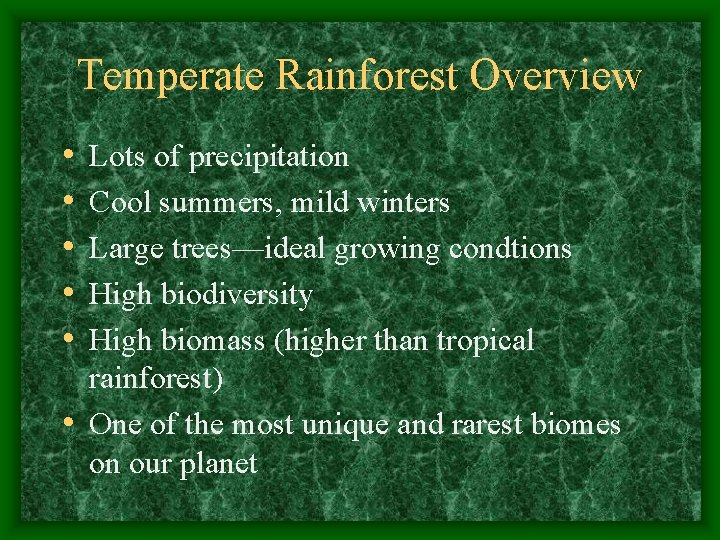 Temperate Rainforest Overview • • • Lots of precipitation Cool summers, mild winters Large