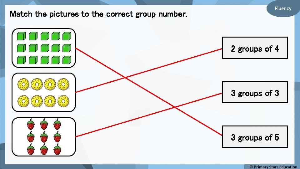 Match the pictures to the correct group number. 2 groups of 4 3 groups