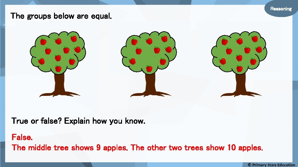 Reasoning The groups below are equal. True or false? Explain how you know. False.