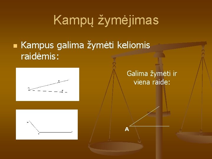 Kampų žymėjimas n Kampus galima žymėti keliomis raidėmis: Galima žymėti ir viena raide: A