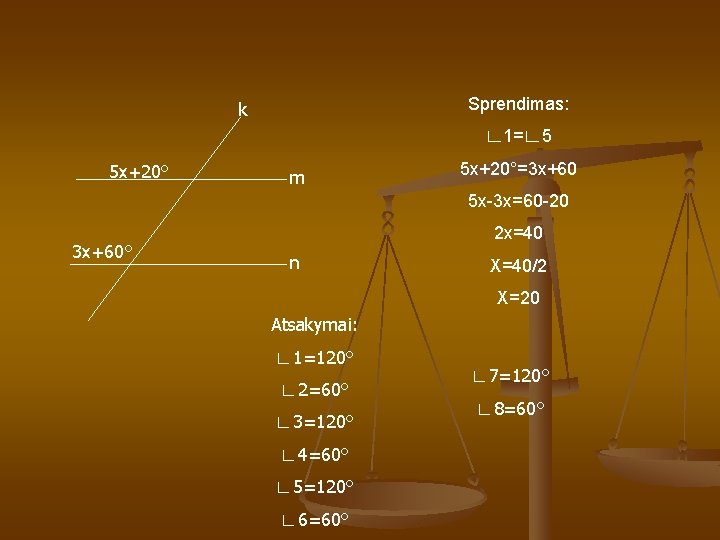 Sprendimas: k ∟ 1=∟ 5 5 x+20° m 5 x+20°=3 x+60 5 x-3 x=60