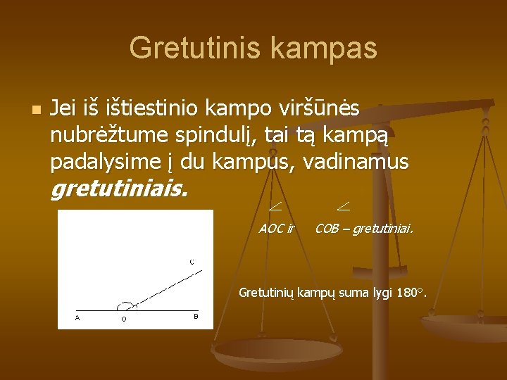 Gretutinis kampas n Jei iš ištiestinio kampo viršūnės nubrėžtume spindulį, tai tą kampą padalysime