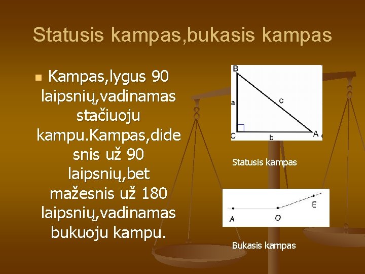 Statusis kampas, bukasis kampas Kampas, lygus 90 laipsnių, vadinamas stačiuoju kampu. Kampas, dide snis