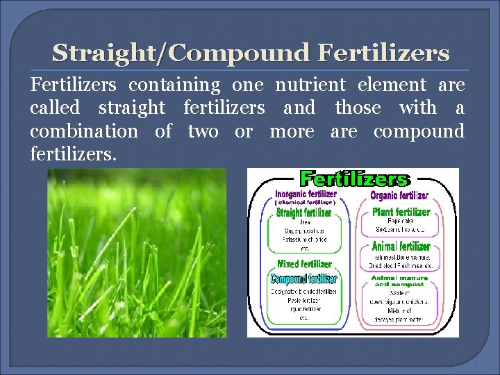 Straight/Compound Fertilizers containing one nutrient element are called straight fertilizers and those with a