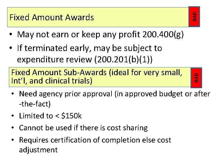 BAD Fixed Amount Awards Fixed Amount Sub-Awards (ideal for very small, Int’l, and clinical BAD Fixed Amount Awards Fixed Amount Sub-Awards (ideal for very small, Int’l, and clinical