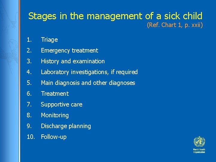 Stages in the management of a sick child (Ref. Chart 1, p. xxii) 1.