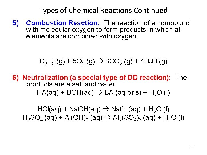 Types of Chemical Reactions Continued 5) Combustion Reaction: The reaction of a compound with