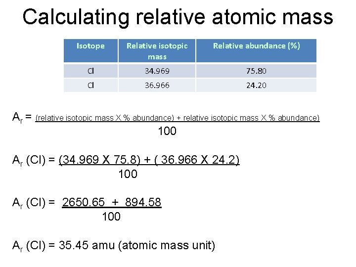 Calculating relative atomic mass Isotope Relative isotopic mass Relative abundance (%) Cl 34. 969