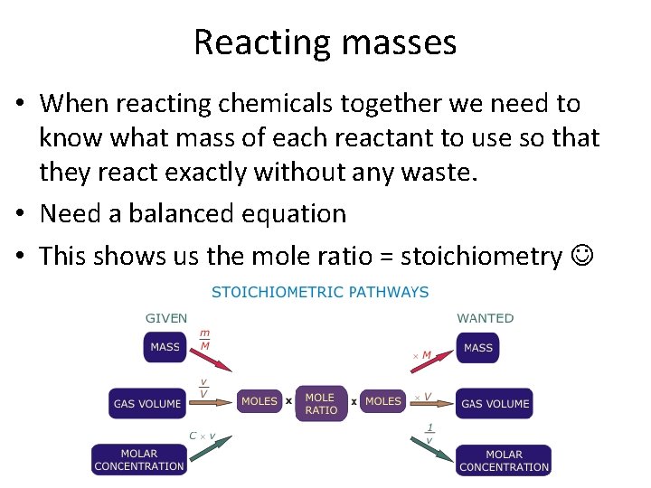 Reacting masses • When reacting chemicals together we need to know what mass of