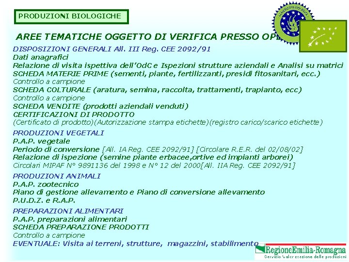 PRODUZIONI BIOLOGICHE AREE TEMATICHE OGGETTO DI VERIFICA PRESSO OPERATORE DISPOSIZIONI GENERALI All. III Reg.