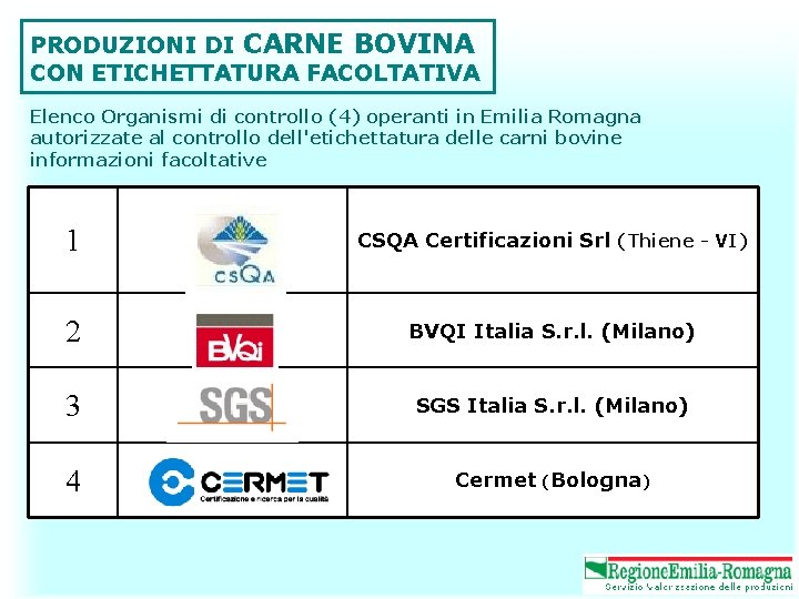 PRODUZIONI DI CARNE BOVINA CON ETICHETTATURA FACOLTATIVA Elenco Organismi di controllo (4) operanti in