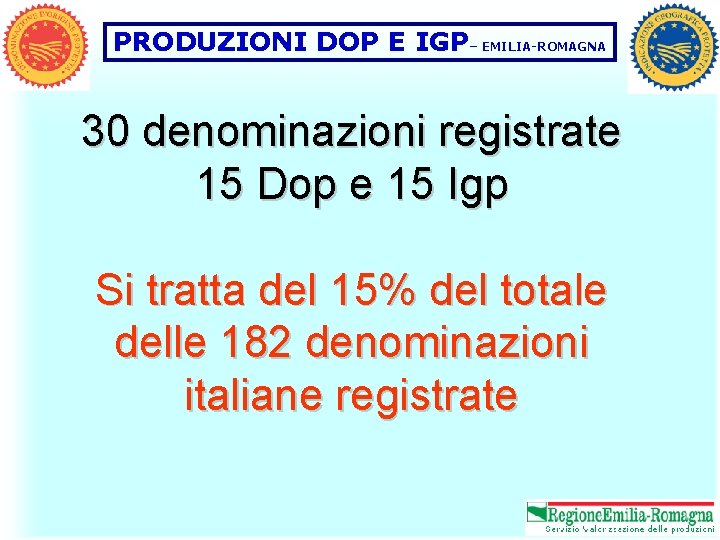 PRODUZIONI DOP E IGP– EMILIA-ROMAGNA 30 denominazioni registrate 15 Dop e 15 Igp Si