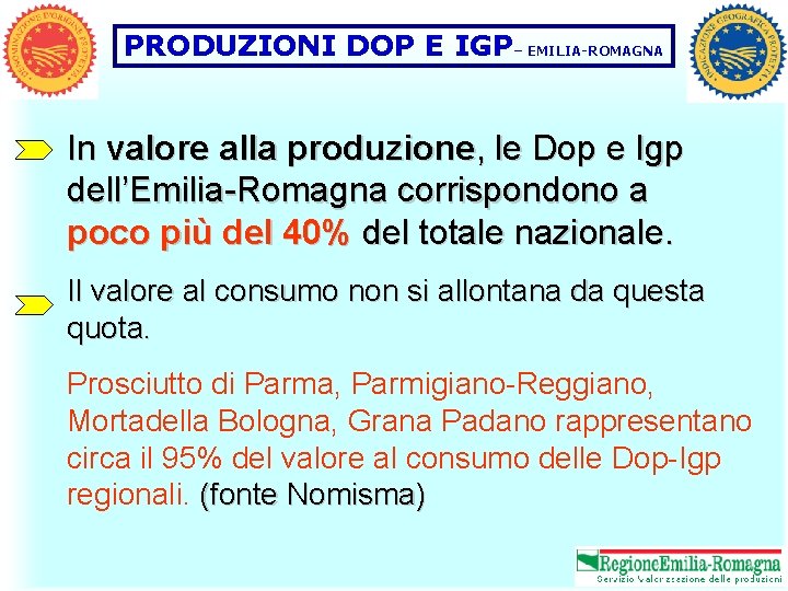 PRODUZIONI DOP E IGP– EMILIA-ROMAGNA In valore alla produzione, le Dop e Igp dell’Emilia-Romagna