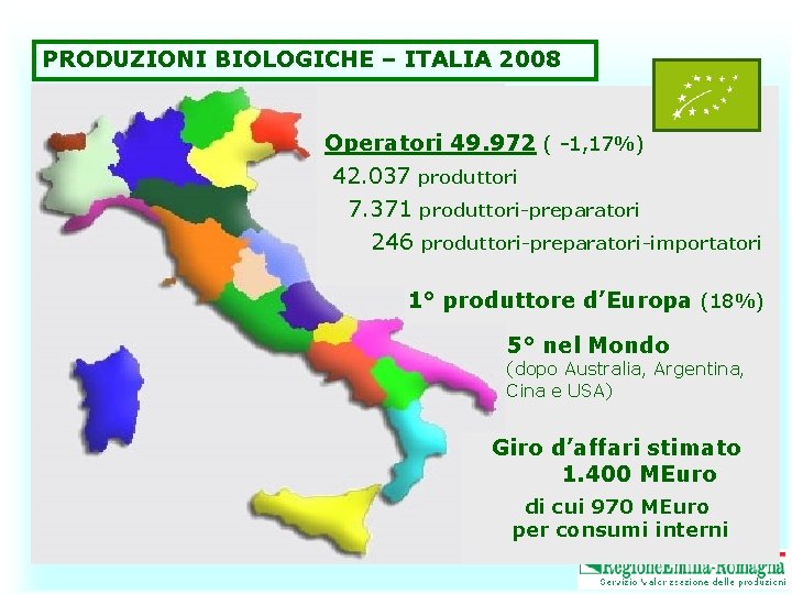 PRODUZIONI BIOLOGICHE – ITALIA 2008 Operatori 49. 972 ( -1, 17%) 42. 037 produttori
