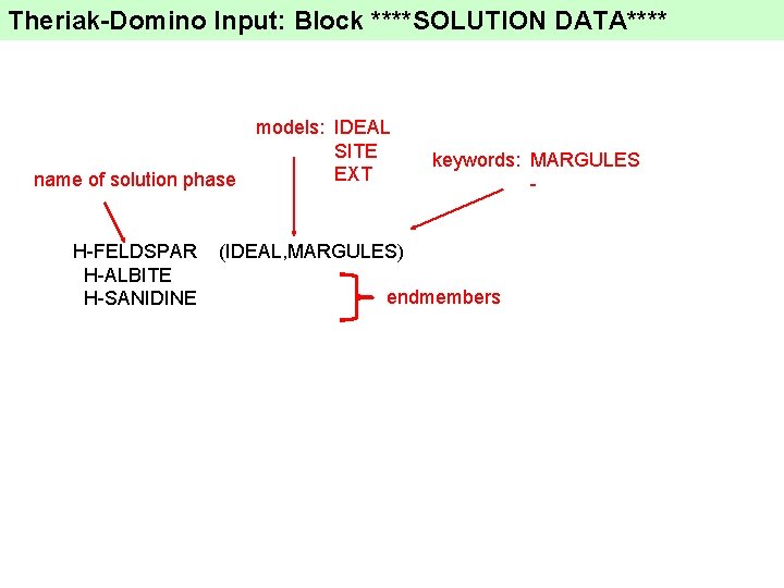 Theriak-Domino Input: Block ****SOLUTION DATA**** models: IDEAL SITE EXT name of solution phase H-FELDSPAR