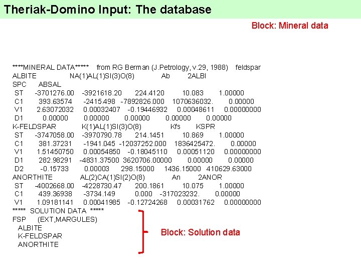 Theriak-Domino Input: The database Block: Mineral data ****MINERAL DATA***** from RG Berman (J. Petrology,