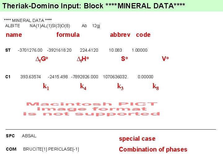 Theriak-Domino Input: Block ****MINERAL DATA**** MINERAL DATA **** ALBITE NA(1)AL(1)SI(3)O(8) name ST 12 gj