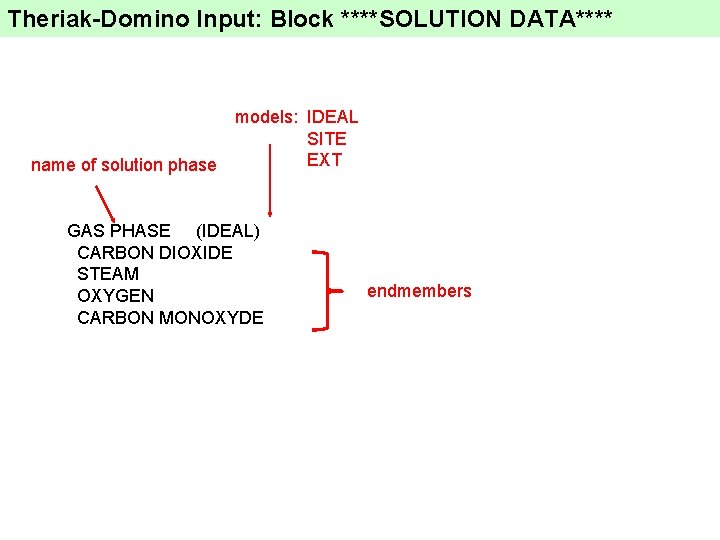 Theriak-Domino Input: Block ****SOLUTION DATA**** models: IDEAL SITE EXT name of solution phase GAS